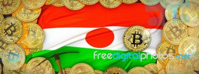 Bitcoins Gold Around Niger  Flag And Pickaxe On The Left.3d Illu… Stock Image