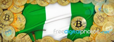 Bitcoins Gold Around Nigeria  Flag And Pickaxe On The Left.3d Il… Stock Image