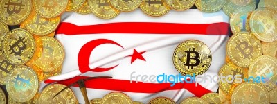 Bitcoins Gold Around Northern Cyprus  Flag And Pickaxe On The Le… Stock Image