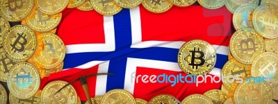 Bitcoins Gold Around Norway  Flag And Pickaxe On The Left.3d Ill… Stock Image