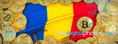 Bitcoins Gold Around Romania  Flag And Pickaxe On The Left.3d Il… Stock Image