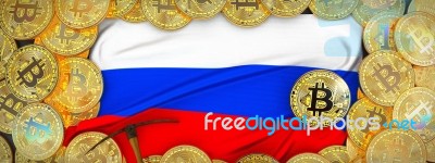 Bitcoins Gold Around Russia  Flag And Pickaxe On The Left.3d Ill… Stock Image