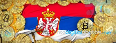 Bitcoins Gold Around Serbia  Flag And Pickaxe On The Left.3d Ill… Stock Image