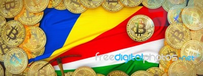 Bitcoins Gold Around Seychelles  Flag And Pickaxe On The Left.3d… Stock Image