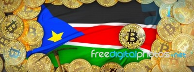 Bitcoins Gold Around South Sudan  Flag And Pickaxe On The Left.3… Stock Image