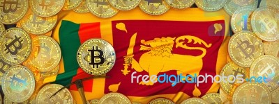 Bitcoins Gold Around Sri Lanka  Flag And Pickaxe On The Left.3d Stock Image