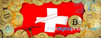 Bitcoins Gold Around Switzerland  Flag And Pickaxe On The Left.3… Stock Image