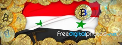 Bitcoins Gold Around Syria  Flag And Pickaxe On The Left.3d Illu… Stock Image