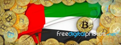 Bitcoins Gold Around United Arab  Flag And Pickaxe On The Left.3… Stock Image