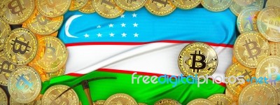 Bitcoins Gold Around Uzbekistan  Flag And Pickaxe On The Left.3d… Stock Image