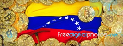 Bitcoins Gold Around Venezuela  Flag And Pickaxe On The Left.3d Stock Image