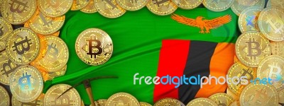 Bitcoins Gold Around Zambia  Flag And Pickaxe On The Left.3d Ill… Stock Image