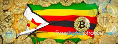 Bitcoins Gold Around Zimbabwe  Flag And Pickaxe On The Left.3d I… Stock Image