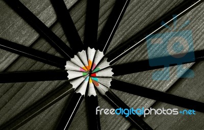 Black And White Image Of Colored Pencils With Isolated Pencil Ag… Stock Photo