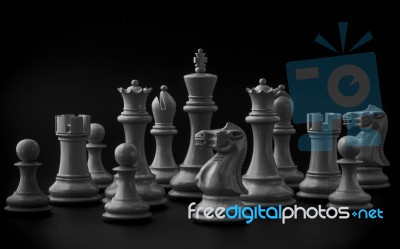 Black And White King And Knight Of Chess Setup On Dark Backgroun… Stock Photo