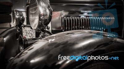 Black Antique Roadster Fender, Hood And Headlights Stock Photo