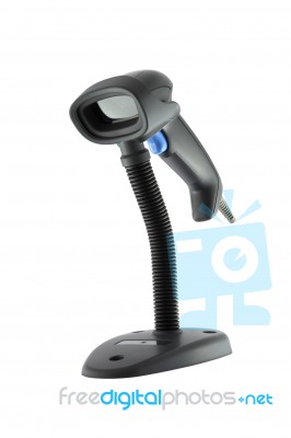 Black Barcode Scanner Base Placed On White Background Stock Photo