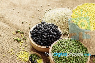 Black Bean On Sack Stock Photo