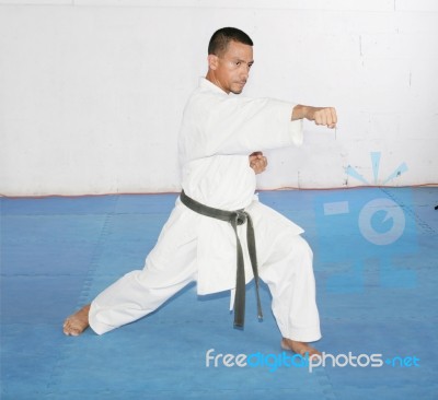 Black Belt Man In Kimono During Training Karate Kata Exercises I… Stock Photo