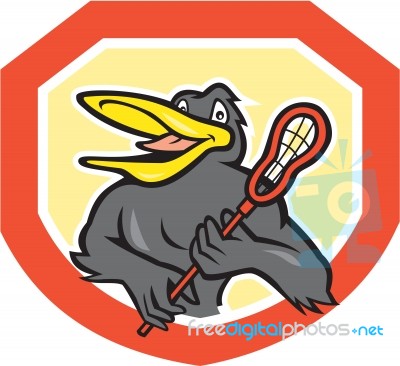 Black Bird Lacrosse Player Shield Cartoon Stock Image