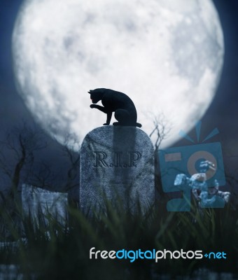 Black Cat Sitting On A Gravestone In Halloween Night,3d Illustration Stock Image