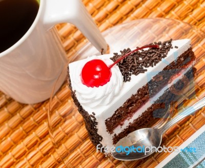 Black Forest Cake Means Coffee Break And Cafe Stock Photo