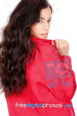 Black Hair Woman In A Red Shirt Stock Photo