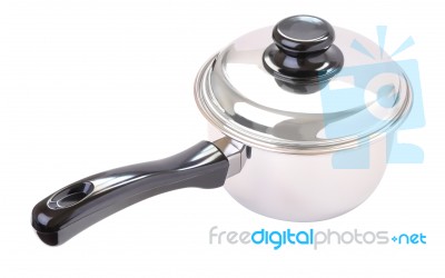 Black Plastic Handle Closed Round Stainless Pot On White Background Stock Photo