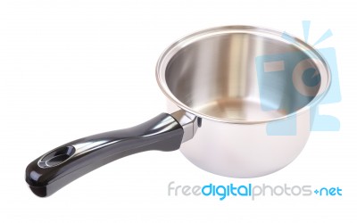 Black Plastic Handle Round Stainless Pot On White Background Stock Photo