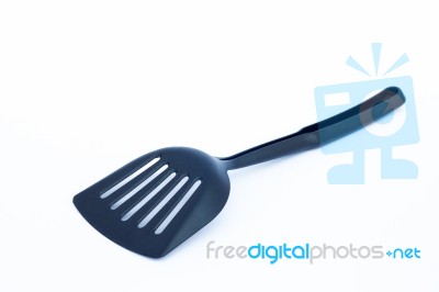 Black Plastic Kitchen Spatula On White Background Stock Photo