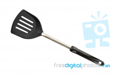 Black Plastic Spatula Front On White Background Stock Photo