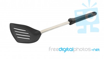 Black Plastic Spatula Overturn On White Background Stock Photo