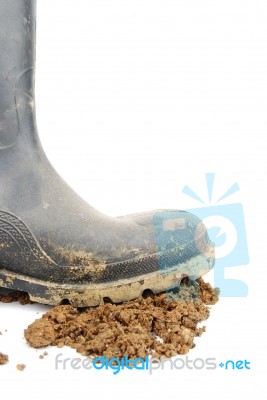 Black Rubber Boot And Soil On White Stock Photo