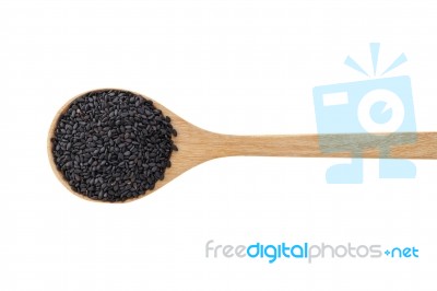 Black Sesame On Wood Spoon Isolated On White Stock Photo