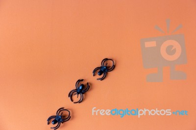 Black Spiders On The Orange Background Stock Photo