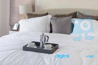 Black Tray Of Coffee Cup On Black Blanket In Modern Bedroom Stock Photo