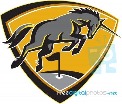 Black Unicorn Horse Charging Golf Course Retro Stock Image