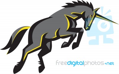 Black Unicorn Horse Charging Isolated Retro Stock Image