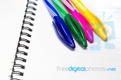 Blank Notebook, Blank Diary With Colorful Pen, Business Concept Stock Photo