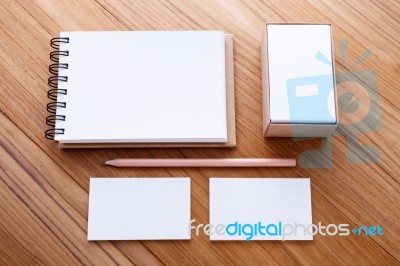 Blank Notebook With Business Card Stock Photo