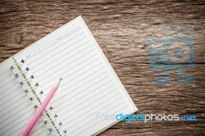 Blank Notebook With Pencil On Old Wooden Table, Business Concept… Stock Photo