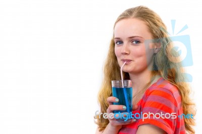 Blonde Teenage Girl Drinking Soda Stock Photo