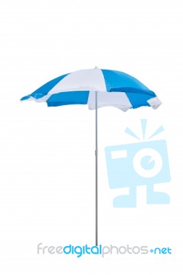 Blue And White Beach Umbrella Isolated On White Background Stock Photo