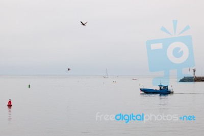 Blue Boat Slipping Out Of Santa Barbara Harbour Stock Photo