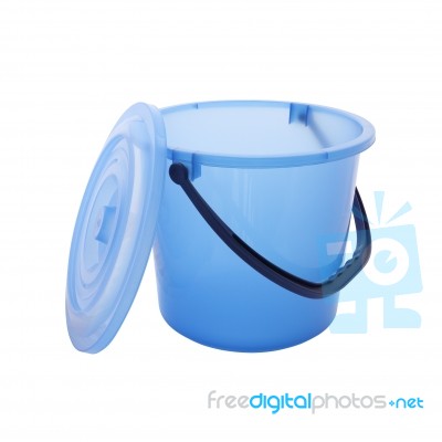 Blue Bucket With Opened Cover On White Background Stock Photo