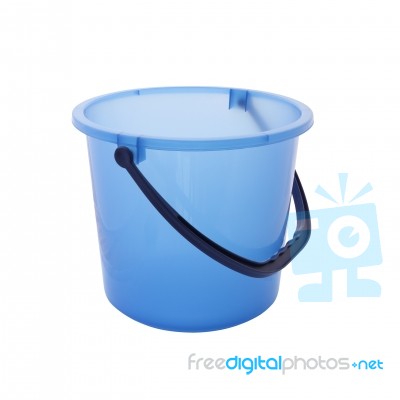 Blue Bucket With Opened Cover On White Background Stock Photo