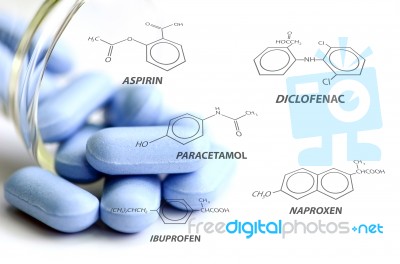 Blue Caplets And Some Analgesic Chemical Structure Stock Photo