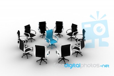 Blue Chair In A Circle Of Black Chairs Stock Image