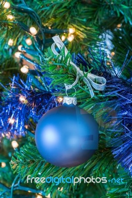 Blue Christmas Ball Hanging In Tree Stock Photo