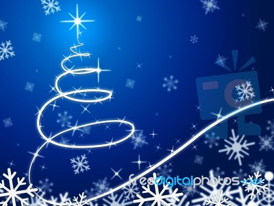 Blue Christmas Tree Background Means Snow Flakes And December
 Stock Image